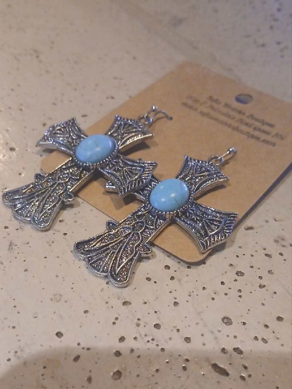 Silver Cross Dangle Earrings with Turquoise Accent